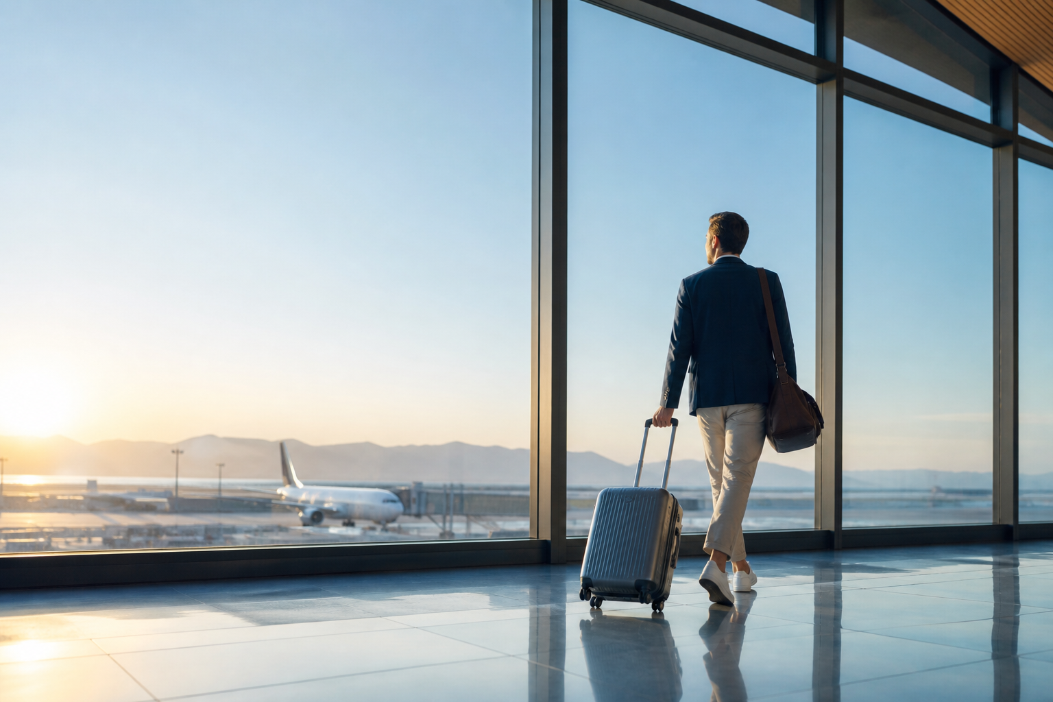 Traveler walking through a sunny airport departure hall with luggage